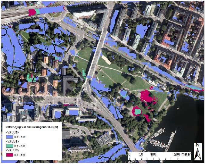 Figur 26. Vattendjup över 1dm vid simuleringens slut där scenario 5 syns i rosa, 7 i grönt och 11 i lila.