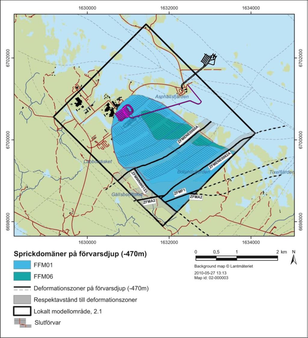 15(22) Förvaret i linsen är anslutet från SFR:s ovanmarksanläggning och bergssalarna är placerade så att deterministiska modellerade deformationszoner undviks samt på 200 m djup för att undvika det