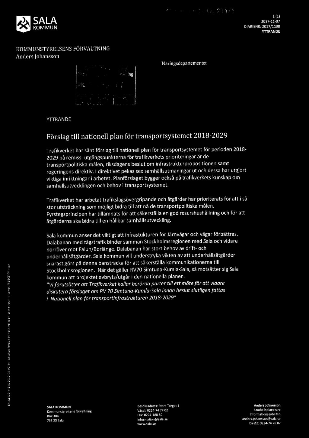 SALMOOO. v 2.0, 201103-02 kl:-yttrande Förslag LIII nationell Duan foi trensportsvsternet 2018-2329 Cocx..,. "i.