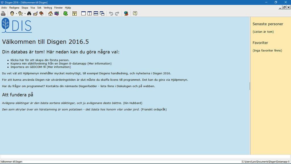 Kom igång med Disgen 2016 Denna startguide riktar sig ll dig som använder programmet för första gången. Den innehåller det mest elementära som du behöver veta för a komma igång.