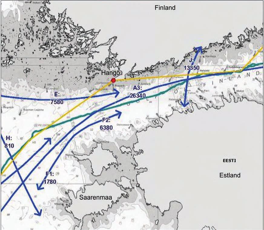 Miljökonsekvensbeskrivning Sektion 9 641 Figur 9.5. Rutterna för de fartyg som transporterar rör till/från Hangö i förhållande till huvudfarlederna inom den finska ekonomiska zonen.