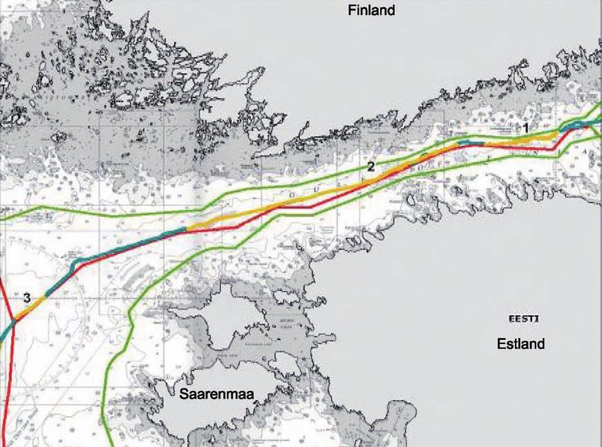 642 Miljökonsekvensbeskrivning Sektion 9 Figur 9.6. Tre rörledningsavsnitt (märkta med gult) där rörledningens sträckning tangerar de viktigaste farlederna.