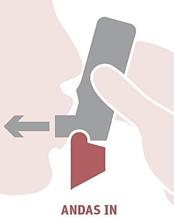 3. 4. Andas ut sakta (så mycket som känns bekvämt). Andas inte ut genom inhalatorn. Placera munstycket mellan tänderna.
