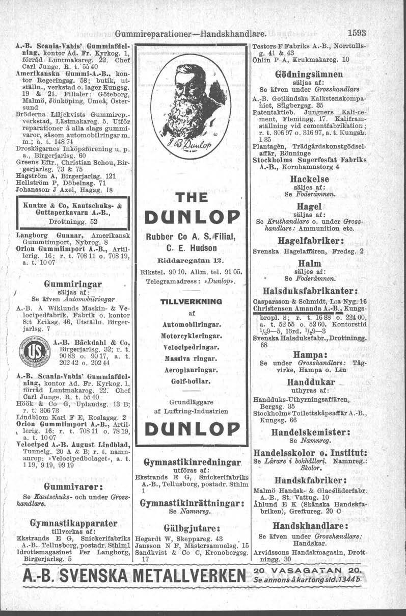 Gummireparationer-Handskhandlal'e. 1593 A. R. Seanla-Vabis' Gnmmlafdel. Testors F Fabriks A.-B., Norrtullsni ng. kontor Ad. Fr. Kyrkog. l, g. <il & 43 förräd. Luntmakareg, 22.