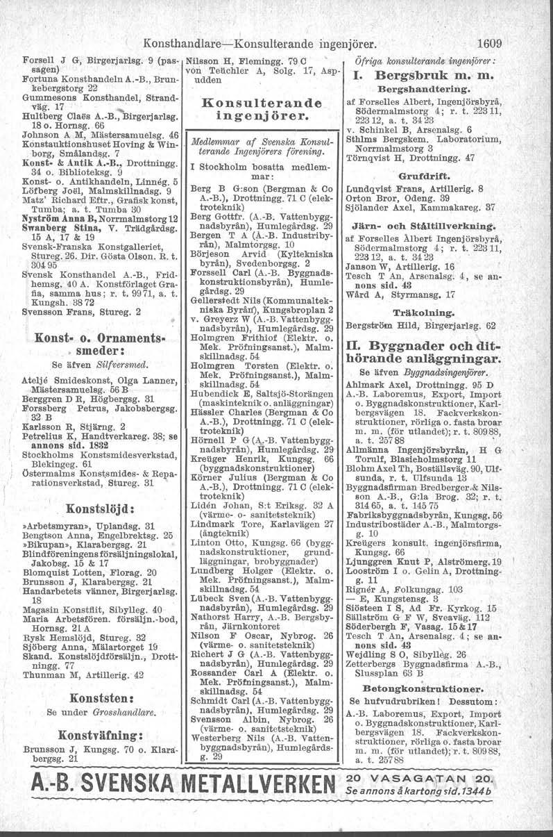 Forsell J G, sagen) Fortuna Konsthandeln A.-B., Brunkehergstorg 22 Gummesons Konsthandel, Strandvltg. 17 " Hultberg Olaes A.-B., llirgerjarlsg. S o. Hornsg. 66 Johnson A M, l\'ltstersamuelsg.