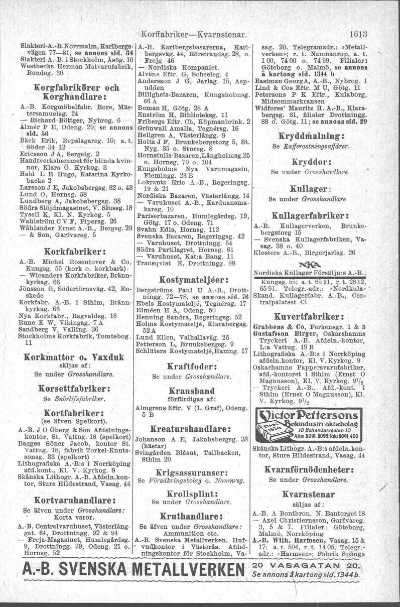 Slakteri-A.-B..Norrmalm, Karlbergsvägen 77-81, se annons sid. 34 Slakteri-A.-B. i Stockholm, Åsög. 10 Westbecks Herman Matvarufabrik, Bonde~. 30 Korgfabrikörer och Korghandlare : A.-B. Korgmöbelfabr.