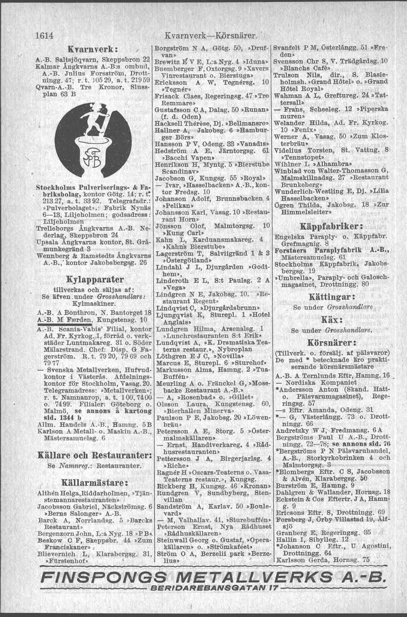 1614 KTarnverk: A. B. Baltsjöqvarn, Skeppsbron 22 Kalmar Ållgkvarns A. B:s ombud, A.-B. Julius Forsströ\l, Drottningg.47; r. t. J05 29, 's. t. 21959 Qvari! A. B. Tre Kronor, Slussplan 63 B Stockholms Pulverlsertngs- & Fabrlksbolag, kontor Götg.