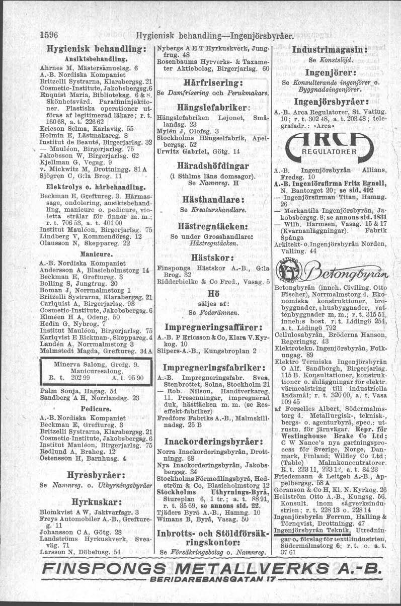 1596 Hygienisk behandling-s-ngenjörsbyråer. Hygienisk behandling : Nybergs A E T Hyrkuskverk, Jung :Jndustrimagasin: Ansiktsbehandling. RO~:ba~ms Hyrverks- & Taxame- Se Konstslöjd.