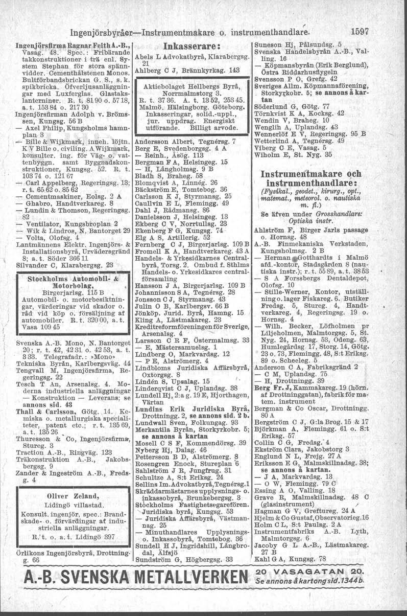 ( ngenjörsbyjåer-nstrumentmakare o. instrumenthandlare. 1597 ngenjörsftrnta Ragno,r F.eith.l. B.,, nkasserare: Suneson Hj, Pålsundsg. 5. Vasag. 48. Spec.: Fribärande Svenska Håndelsbyrån A.-B.