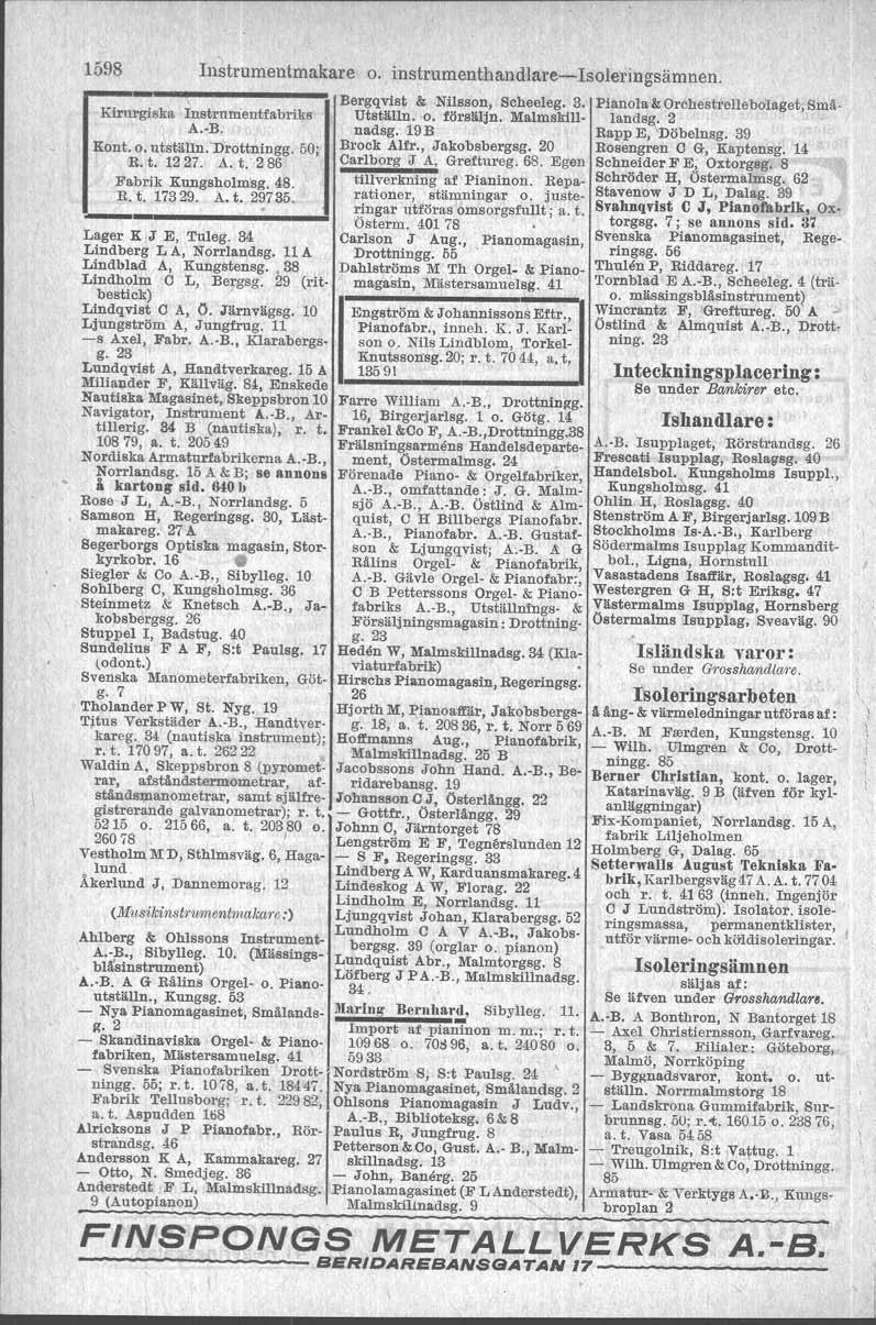 1598 Kirurgiska, nstrumentmakare o. o insteurnenthandlare-c- nstrunientfabriks A.-B. Kont. o. utställn:drottningg. 50; R. t. 12 27 _ A. t:2 86 Fabrik Kungsholm'sg. 48. R.t.17329. A.t.29735.