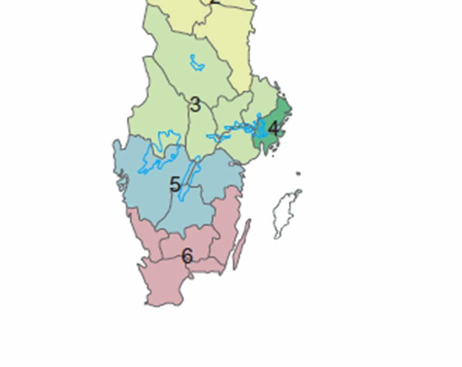 Region 1: Norrbottens och Västerbottens län Region 2: Västernorrlands, Jämtland och Gävleborgs län Region 3: Dalarnas, Värmlands, Södermanland, Örebro
