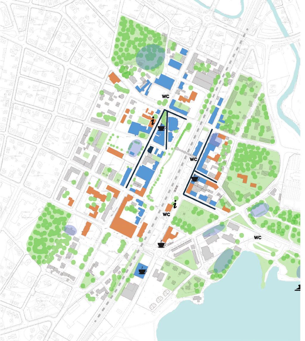 RIKTLINJER FÖR OFFENTLIGA PLATSER Förstärk handelsstråken vid järnvägspassagerna genom och förläng ner mot vattnet för att skapa en tydligare koppling mellan centrum och Osbysjön.