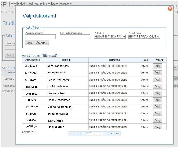 I sökfiltret kan du söka fram skapade studieplaner som du varit delaktig i som handledare: Väljer du aktuella studieplaner hittar du skapade studieplaner som ännu inte blivit fastställda och senaste