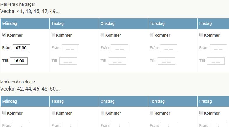 3. Markera i rutan Kommer under de dagar ditt barn ska gå på förskolan/fritidshemmet.