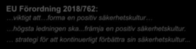 Varför tillsyn av säkerhetskultur? Tydlig koppling i kommande regelverk EU Förordning 2018/762: viktigt att forma en positiv säkerhetskultur högsta ledningen ska.
