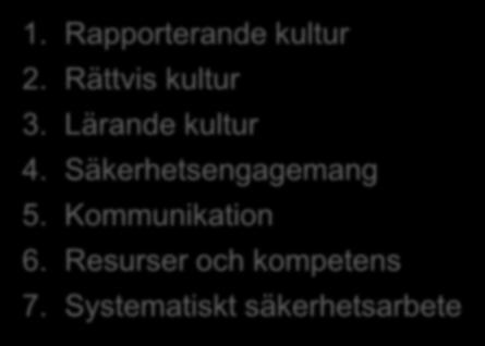 Sju säkerhetskulturområden 1. Rapporterande kultur 2. Rättvis kultur 3. Lärande kultur 4.