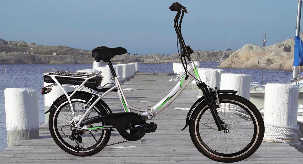 ANVÄNDARMANUAL ELCYKEL E-BIKE Pedalassisterad, vikbar elcykel med 24 volts motor på 250 watt och löstagbart 10 Ah batteri. Aluminiumram med lågt och bekvämt insteg. 6 växlar Shimano RevoShift MF-TZ20.