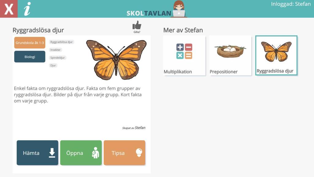 Biblioteket del 2 Om du markerar ett material i Biblioteket så får du till vänster upp information om materialet: skolform, ämne, anpassning om aktuellt, taggar samt en beskrivning.