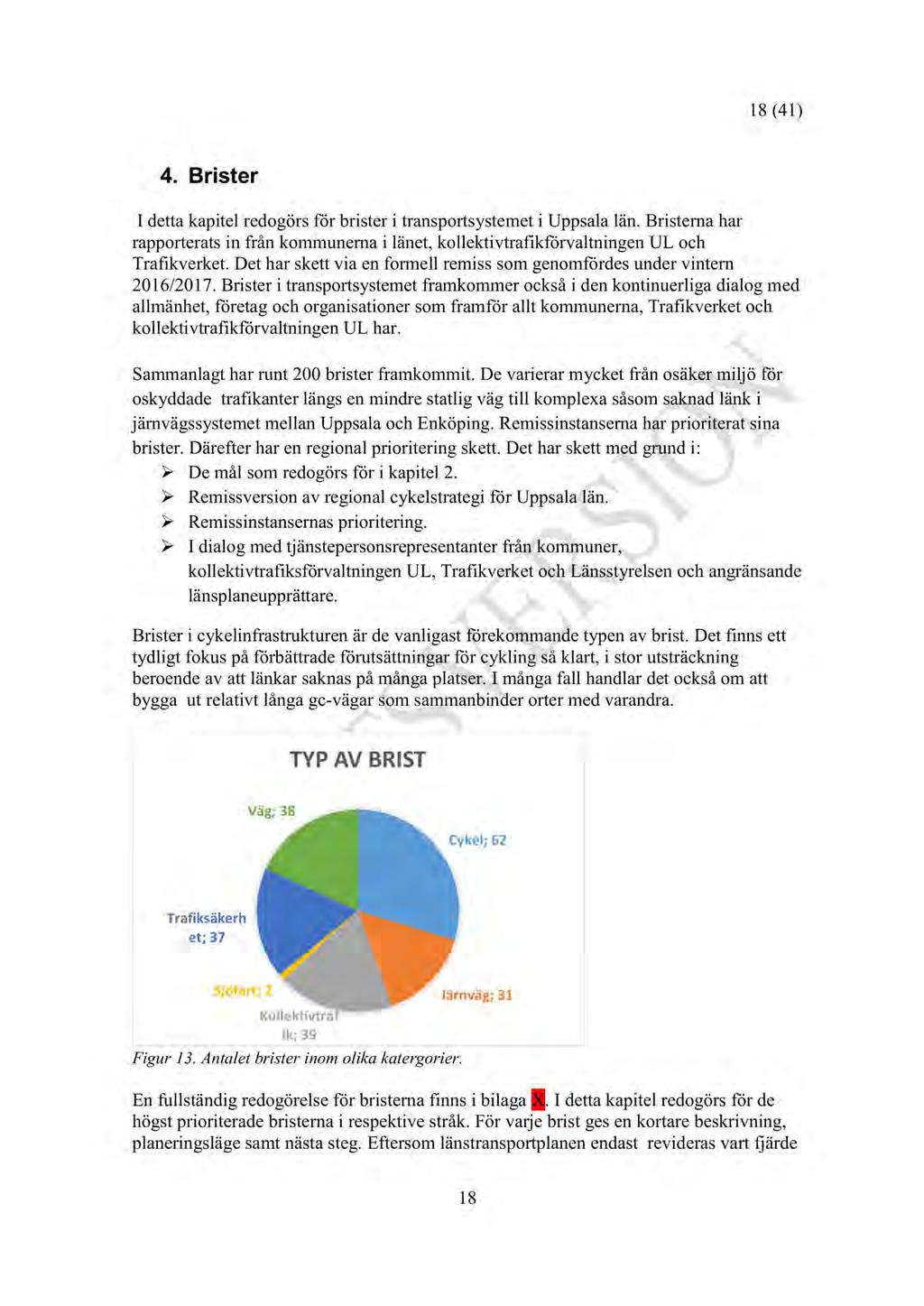 18 (41) 4. Brister I dettakapitel redogörsför bristeri transportsystemet i Uppsalalän. Bristernahar rapporteratsin från kommunernai länet,kollektivtrafikförvaltningenul och Trafikverket.