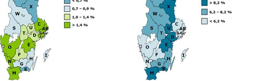 För ett antal län bedöms emellertid arbetslösheten att öka något, detta gäller främst Stockholm, Uppsala och Skåne län vilket i första hand beror på en fortsatt stor inflyttning av nyanlända till de