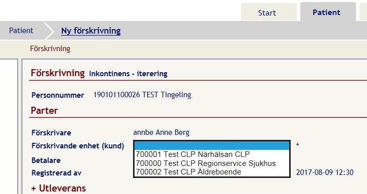 Endast de förskrivande enheter som har en betalare kopplad till sig för aktuellt produktområde visas.
