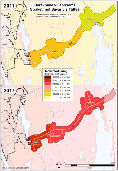 Karta 7: Beräknade villapriser, tillväxtstråket mot Sävar 2011 och 2017 Det andra stråket benämns som Innertavle via Täfteå mot Sävar. Både Innertavle och Täfteå redovisar priser över 3 miljoner.