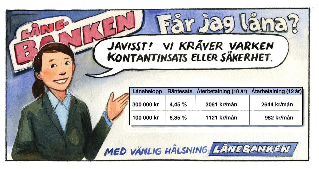 19. I ett reklamblad fanns följande information. I återbetalning ingår amortering, ränta m.m. Renée funderar på att låna 100 000 kr med återbetalning under 10 år.