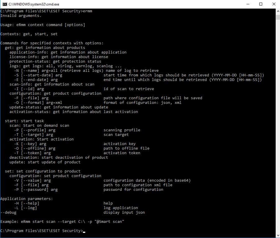 3.10.7.1 RMM-kommandorad Remote monitoring management is run using the command line interface. The default ESET Endpoint Security installation contains the file ermm.