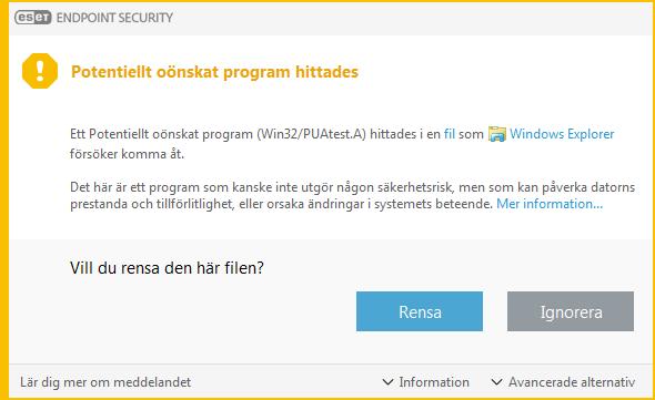 När ett potentiellt oönskat program upptäcks och inte kan rensas visas meddelandefönstret Adressen har blockerats i skärmens nedre högra