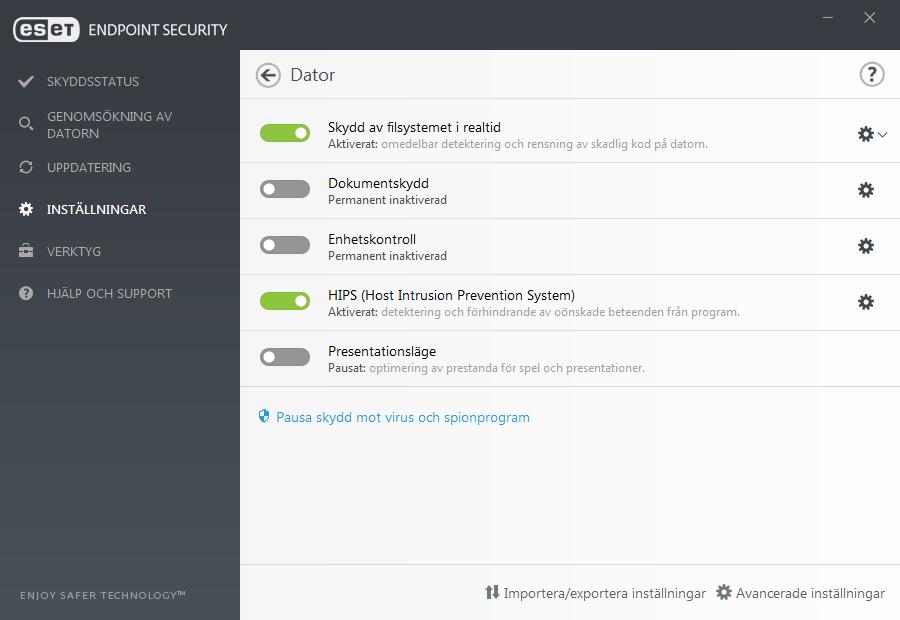3.9 Arbeta med ESET Endpoint Security Med de olika inställningsalternativen för ESET Endpoint Security går det att ställa in skyddsnivån för dator, webb, epost och nätverk. OBS!