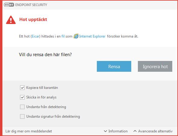 Standardbeteende Som ett allmänt exempel på hur infiltrationer hanteras av ESET Endpoint Security går det att identifiera infiltrationer med: Skydd av filsystemet i realtid Webbåtkomstskydd Skydd av