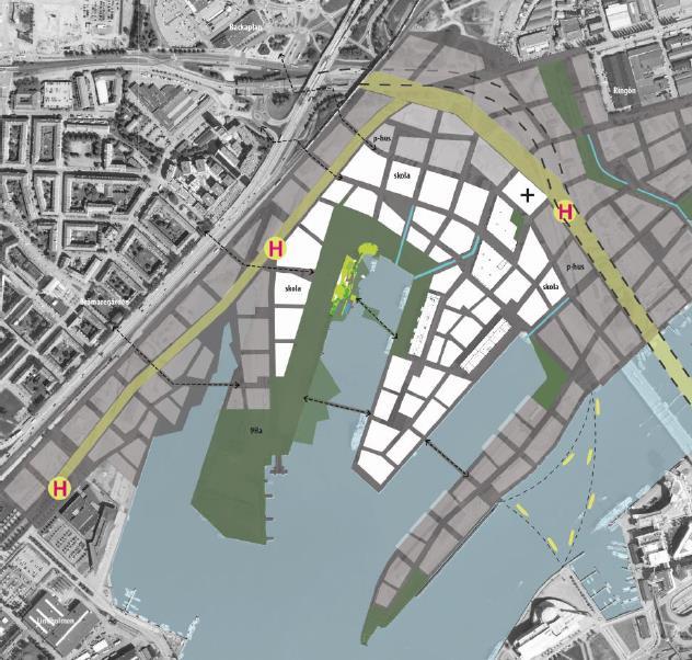 Bild 1 Områdeskarta med föreslagen placering av parkeringshus Funktion av parkeringslösningar Parkeringshusen som mobilitetshubbar Parkeringshusen ska ha funktionen av mobilitetshubbar enligt