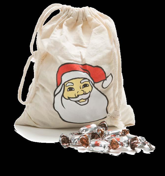 Tomtesäck Tomtesäck fylld med söta saker och juliga hälsningar Tygsäck med dragsko i 100% bomull. Tryckt med en glad tomte på framsidan.
