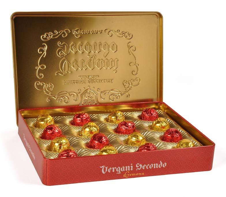 Vergani Special Pralines Exklusiv ask i plåt fylld med 200 gram lyxig choklad Denna vackert utformade plåtask med retrokänsla är fylld med