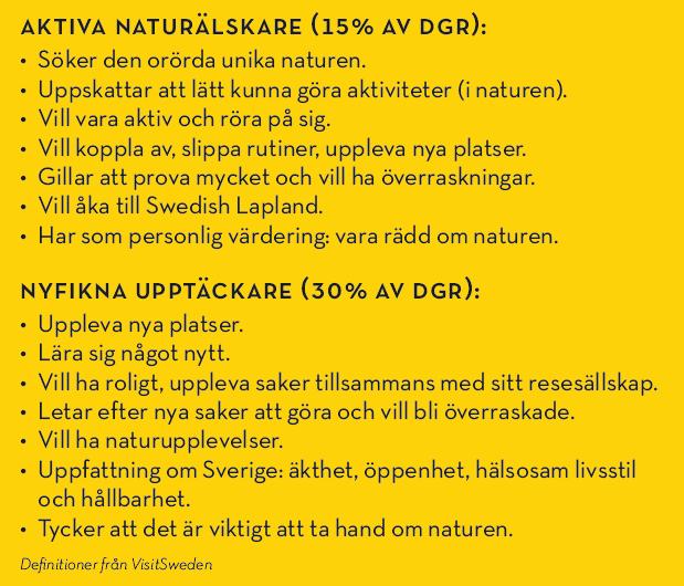 Målgrupper vi arbetar med idag: Vi har valt att använda oss av den målgruppssegmentering som Visit Sweden har tagit fram: Den globala resenären.