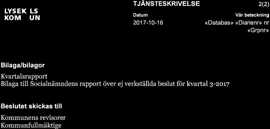 *** LVSEKILS KOMMUN TJANSTESKRIVELSE Datum 2017-10-16 2(2) Vår beteckning <<Databas > <Diarienr> nr <Grpnr>> Bilaga/bilagor Kvartalsrapport