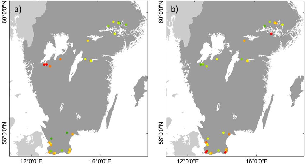 Figur 4. Kartor över a) ekonomiskt optimal kvävegiva samt produktionsdunktionernas parametrar, b) parameter i, c) parameter j och d) parameter k.