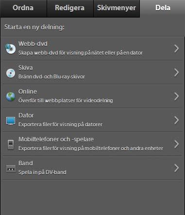 263 Kapitel 15: Spara och dela dina filmer Du kan exportera och dela filmer, stillbilder och ljud i olika filformat på webben, mobila enheter, videoband, Video CD-skivor och Super Video CD-skivor.