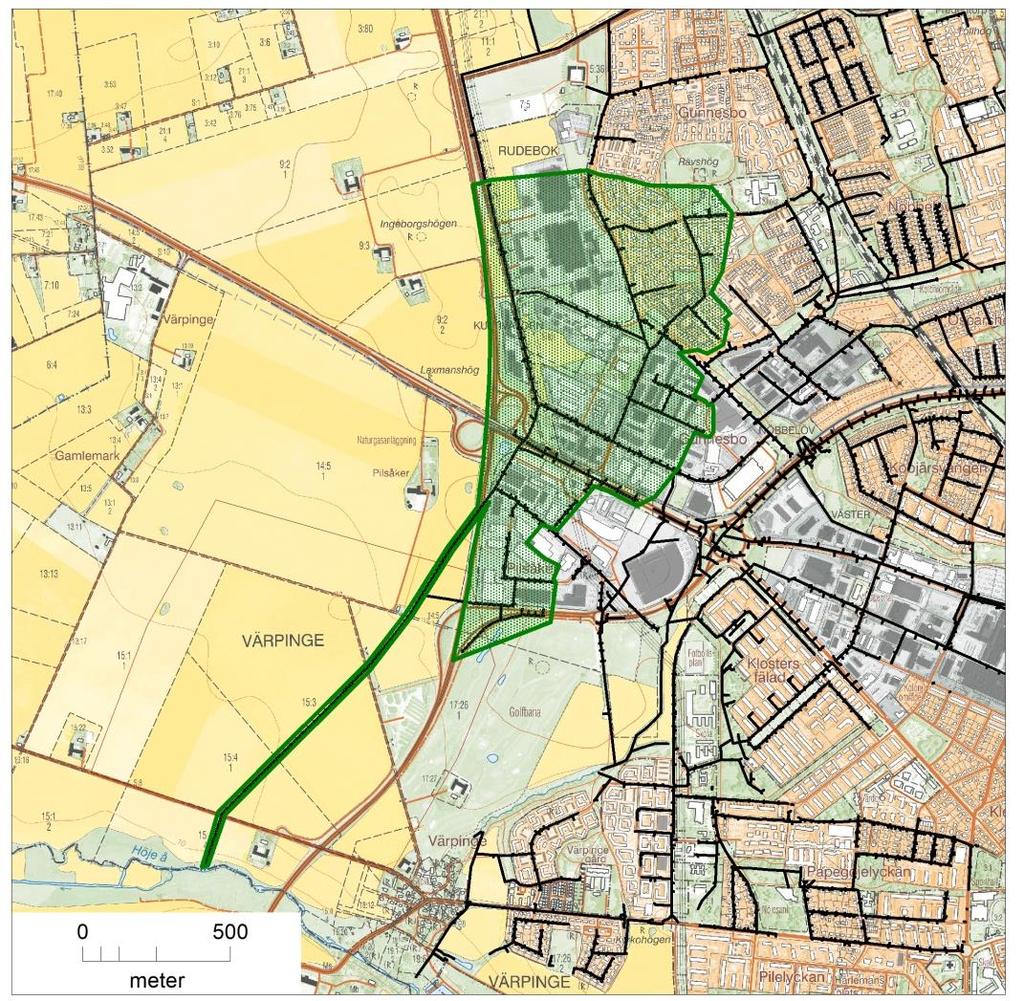 Figur 1. Delavrinningsområde 13 med dagvattenledningen ned till Höje å i grönt. Bakgrundskarta Lantmäteriet MS 2013/04204.