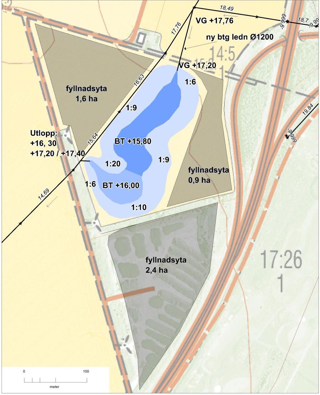 Figur 3. Förslag till dagvattendamm på fasigheten Värpinge 17:26, Lunds kommun. Bakgrundskarta Lantmäteriet MS 2013/04204. Schaktvolymen uppgår till ca 36 000 m 3.