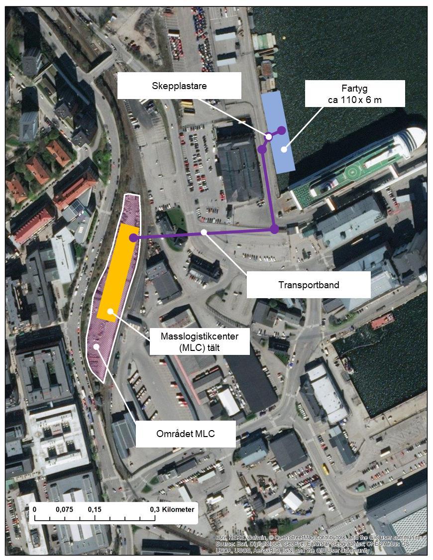 Figur 2. Orienteringsbild. Masshanteringsyta och transportbandets läge markerat i lila. Lägen är ungefärliga.