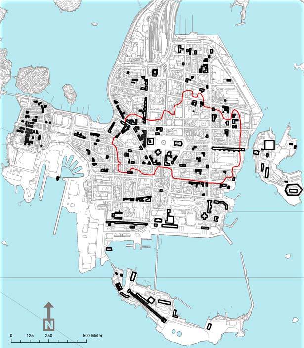 Trästaden Bebyggelsen 1680-1790: inom det markerade området för stadsbranden 1790 kvarstod endast Fredrikskyrkan och Tyska kyrkan Bebyggelsen 1680-1875.