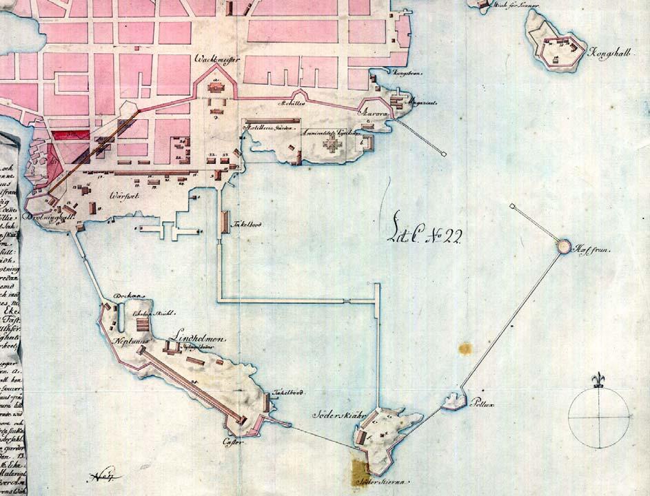 Befästningar och kruthus Utsnitt ur stads- och befästningsplan 1724 Den planerade befästningsgördeln kring staden reducerades till en försvarsmur med bastioner, den s.k. slutningsmuren.