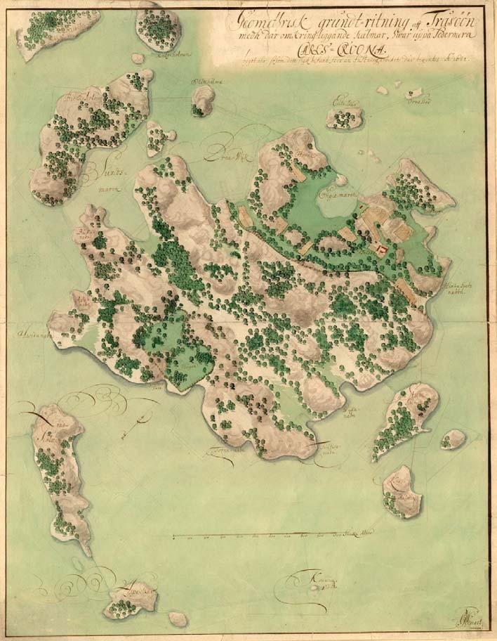 Stadsplanen 1600-talets strandlinje projicerad på dagens kartbild Relationsritning över Trossö. Karl Magnus Stuart omkring 1680 Utgångspunkten relationsritning över Trossö omkring 1680.