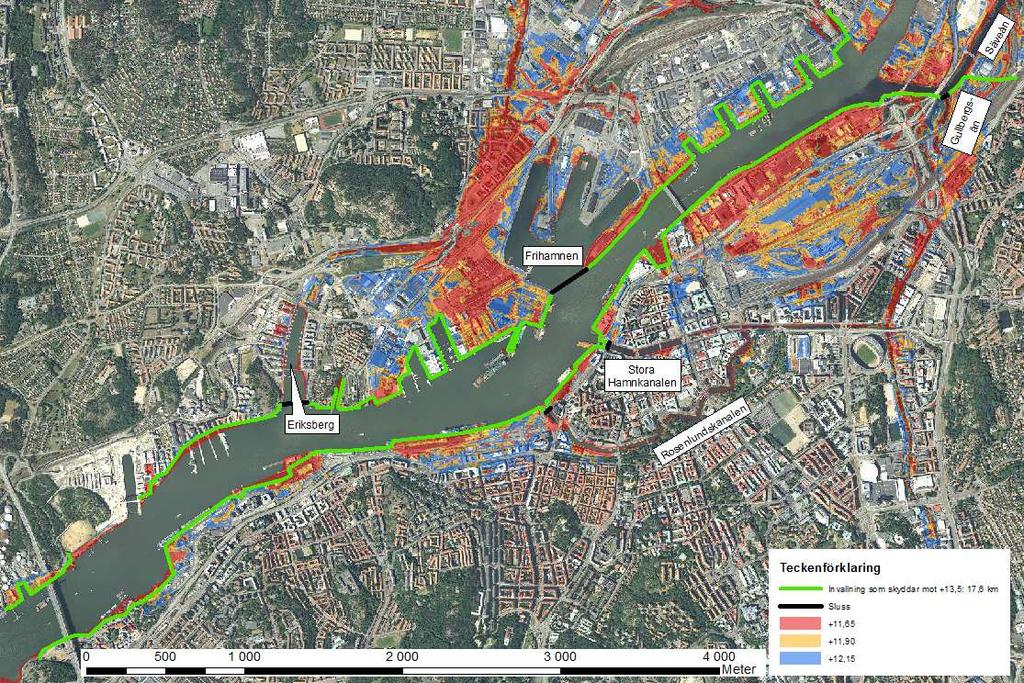 4.5.1 Alternativ 1 Vallar mellan Älvsborgsbron och Tingstadstunneln Vallar är en åtgärd som kan vidtas för att skydda Göteborg mot översvämningar orsakade av höjda nivåer i Göta älv och i havet.