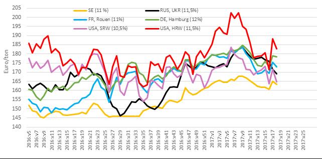 Prisdiagram Sida 5 av 8 Jordbruksverkets exportnotering på svenskt vete (gul linje)