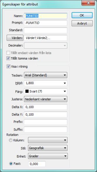 Inställningar, Hantera lager, attribut, redigera Attributen kan ha ett stort antal inställningar.