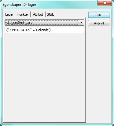 5.1.4 Inställningar, Hantera lager, SQL Under fliken SQL kan specifika sökningar ur databasen hanteras som kopplas ihop med det lager vi hämtar från databasen.