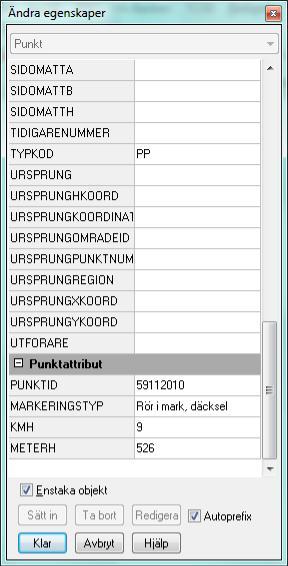 12.2 Redigera punktattribut Attributen som importeras är Punktattribut, dessa måste konverteras till Objektattribut.