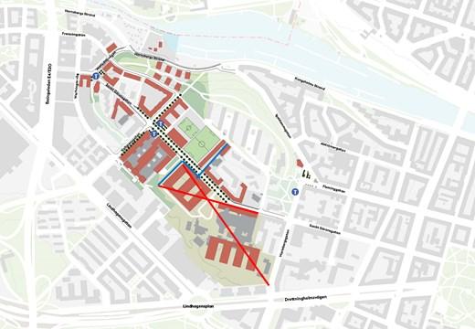Stadshagen samrådsförslaget, sjukhusfastigheten överkryssad och blå linje visar ungefärlig delning av detaljplanen.